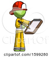 Poster, Art Print Of Green Firefighter Fireman Man Using Clipboard And Pencil