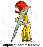 Poster, Art Print Of Green Firefighter Fireman Man Cutting With Large Scalpel