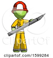 Poster, Art Print Of Green Firefighter Fireman Man Holding Large Scalpel