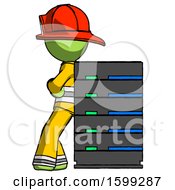Poster, Art Print Of Green Firefighter Fireman Man Resting Against Server Rack