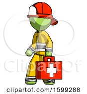 Poster, Art Print Of Green Firefighter Fireman Man Walking With Medical Aid Briefcase To Left