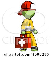 Poster, Art Print Of Green Firefighter Fireman Man Walking With Medical Aid Briefcase To Right