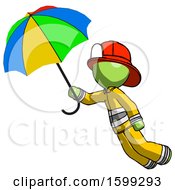 Poster, Art Print Of Green Firefighter Fireman Man Flying With Rainbow Colored Umbrella