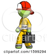 Green Firefighter Fireman Man Walking With Briefcase To The Left