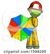 Poster, Art Print Of Green Firefighter Fireman Man Holding Rainbow Umbrella Out To Viewer
