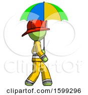 Poster, Art Print Of Green Firefighter Fireman Man Walking With Colored Umbrella