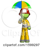 Poster, Art Print Of Green Firefighter Fireman Man Holding Umbrella Rainbow Colored