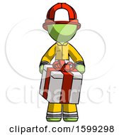 Poster, Art Print Of Green Firefighter Fireman Man Gifting Present With Large Bow Front View