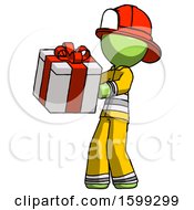 Poster, Art Print Of Green Firefighter Fireman Man Presenting A Present With Large Red Bow On It