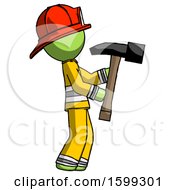 Poster, Art Print Of Green Firefighter Fireman Man Hammering Something On The Right