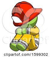 Poster, Art Print Of Green Firefighter Fireman Man Sitting With Head Down Facing Angle Left