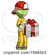 Poster, Art Print Of Green Firefighter Fireman Man Giving A Present