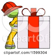 Green Firefighter Fireman Man Gift Concept Leaning Against Large Present