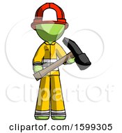 Poster, Art Print Of Green Firefighter Fireman Man Holding Hammer Ready To Work