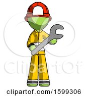 Poster, Art Print Of Green Firefighter Fireman Man Holding Large Wrench With Both Hands