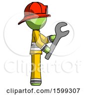 Poster, Art Print Of Green Firefighter Fireman Man Using Wrench Adjusting Something To Right
