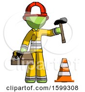 Poster, Art Print Of Green Firefighter Fireman Man Under Construction Concept Traffic Cone And Tools
