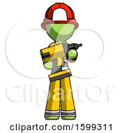 Green Firefighter Fireman Man Holding Large Drill