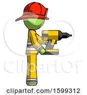 Poster, Art Print Of Green Firefighter Fireman Man Using Drill Drilling Something On Right Side