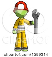 Poster, Art Print Of Green Firefighter Fireman Man Holding Wrench Ready To Repair Or Work