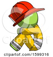 Poster, Art Print Of Green Firefighter Fireman Man Sitting With Head Down Facing Sideways Left