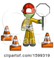 Poster, Art Print Of Green Firefighter Fireman Man Holding Stop Sign By Traffic Cones Under Construction Concept