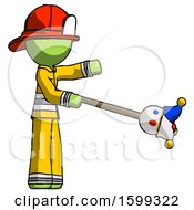 Poster, Art Print Of Green Firefighter Fireman Man Holding Jesterstaff - I Dub Thee Foolish Concept