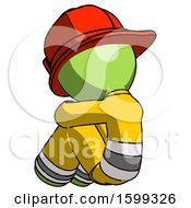 Poster, Art Print Of Green Firefighter Fireman Man Sitting With Head Down Back View Facing Left