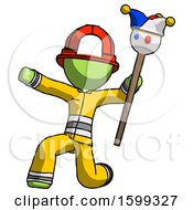 Poster, Art Print Of Green Firefighter Fireman Man Holding Jester Staff Posing Charismatically