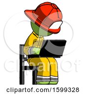Poster, Art Print Of Green Firefighter Fireman Man Using Laptop Computer While Sitting In Chair Angled Right