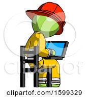 Poster, Art Print Of Green Firefighter Fireman Man Using Laptop Computer While Sitting In Chair View From Back