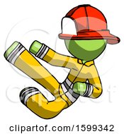 Poster, Art Print Of Green Firefighter Fireman Man Flying Ninja Kick Left