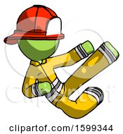 Poster, Art Print Of Green Firefighter Fireman Man Flying Ninja Kick Right