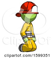 Poster, Art Print Of Green Firefighter Fireman Man Kneeling Angle View Right