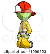 Poster, Art Print Of Green Firefighter Fireman Man Kneeling Angle View Left