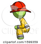 Poster, Art Print Of Green Firefighter Fireman Man Squatting Facing Left