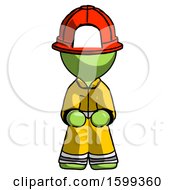 Poster, Art Print Of Green Firefighter Fireman Man Squatting Facing Front