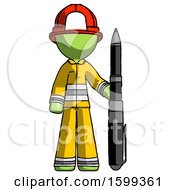Green Firefighter Fireman Man Holding Large Pen