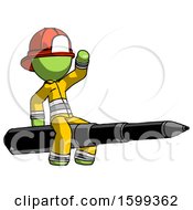 Poster, Art Print Of Green Firefighter Fireman Man Riding A Pen Like A Giant Rocket