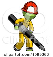Poster, Art Print Of Green Firefighter Fireman Man Writing With A Really Big Pen