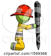 Green Firefighter Fireman Man Posing With Giant Pen In Powerful Yet Awkward Manner