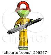 Poster, Art Print Of Green Firefighter Fireman Man Posing Confidently With Giant Pen