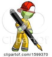 Green Firefighter Fireman Man Drawing Or Writing With Large Calligraphy Pen