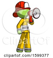 Poster, Art Print Of Green Firefighter Fireman Man Shouting Into Megaphone Bullhorn Facing Right