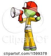 Poster, Art Print Of Green Firefighter Fireman Man Shouting Into Megaphone Bullhorn Facing Left