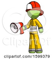 Poster, Art Print Of Green Firefighter Fireman Man Holding Megaphone Bullhorn Facing Right