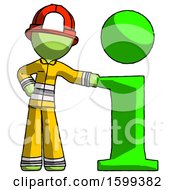 Poster, Art Print Of Green Firefighter Fireman Man With Info Symbol Leaning Up Against It