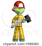 Poster, Art Print Of Green Firefighter Fireman Man With Sledgehammer Standing Ready To Work Or Defend