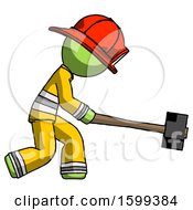 Poster, Art Print Of Green Firefighter Fireman Man Hitting With Sledgehammer Or Smashing Something