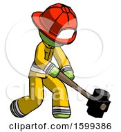 Poster, Art Print Of Green Firefighter Fireman Man Hitting With Sledgehammer Or Smashing Something At Angle